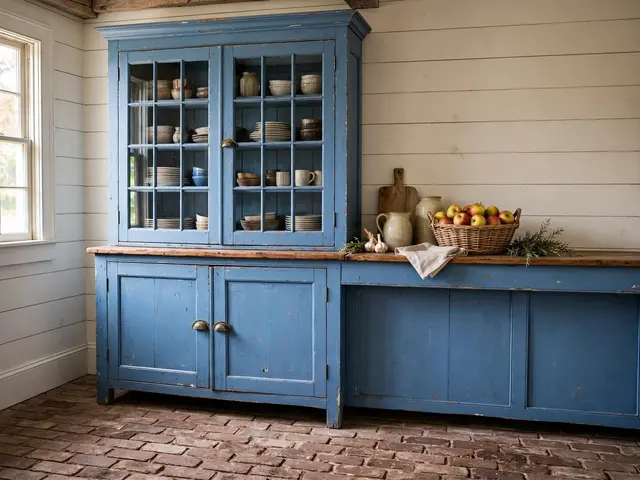 A worn painted blue hutch with a basket of apples sits against white wood paneling on a brick kitchen floor.
