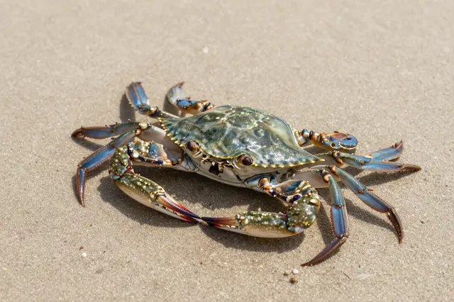 A patterned blue crab rests on fine light tan beach sand in bright sunlight