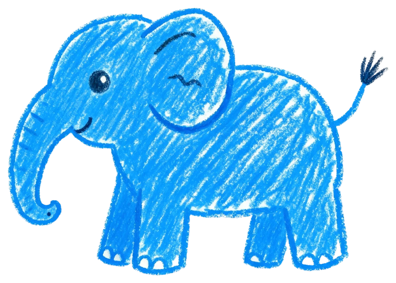 Childlike crayon drawing of a happy side-profile blue elephant with wobbly lines and wax texture