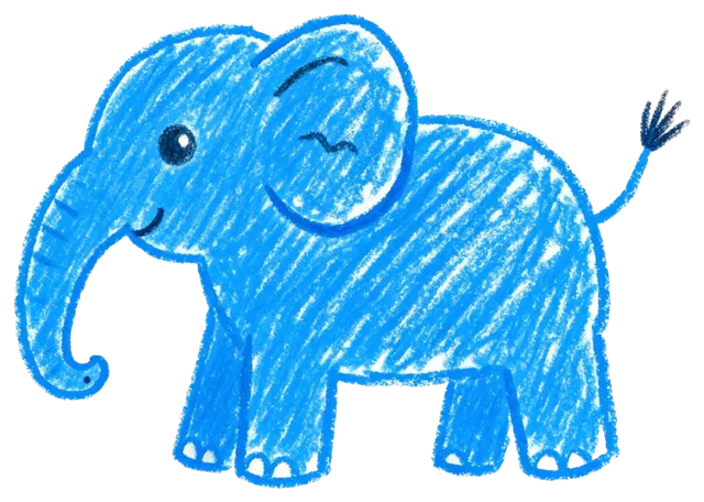 Childlike crayon drawing of a happy side-profile blue elephant with wobbly lines and wax texture