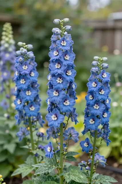 Tall blue delphinium flower spikes stand in sharp focus against a soft blurred cottage garden background