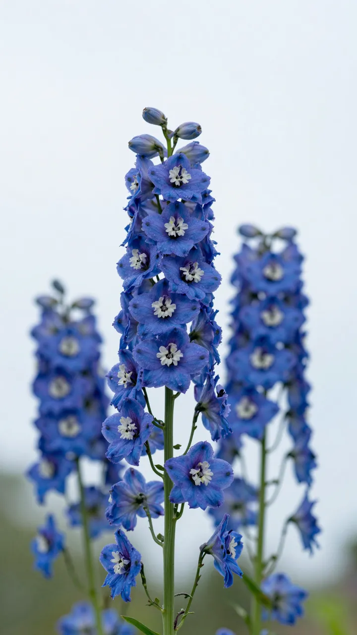Sharp foreground blue delphinium flower spires stand against a soft out-of-focus pale overcast sky.