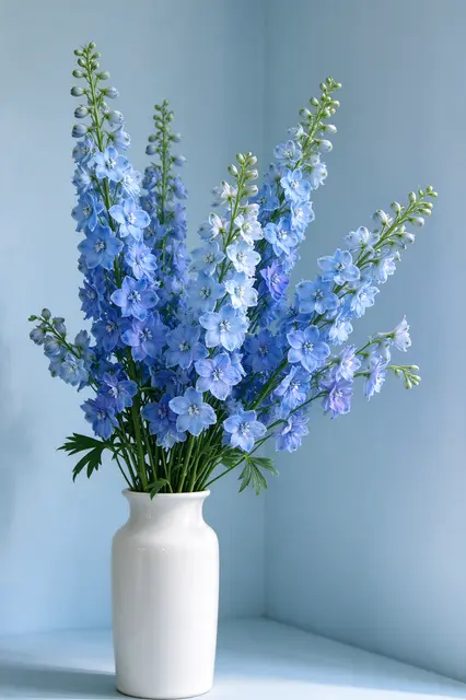 Blue delphinium flower arrangement in a tall white ceramic vase against a pale blue corner wall
