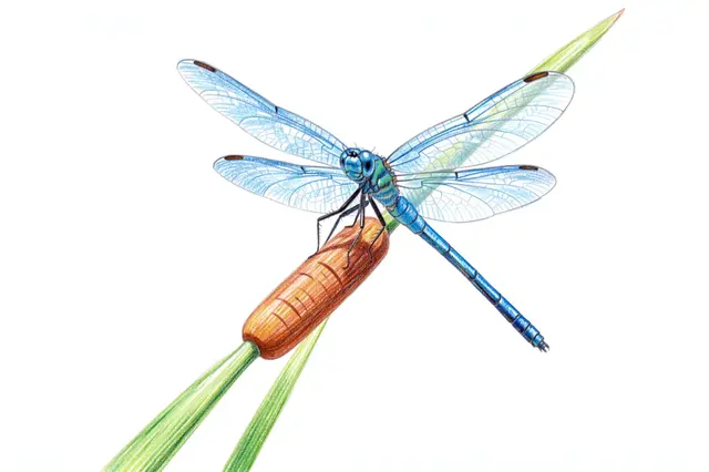 Colored pencil illustration of a blue dragonfly perched on a brown cattail seed head against plain white paper