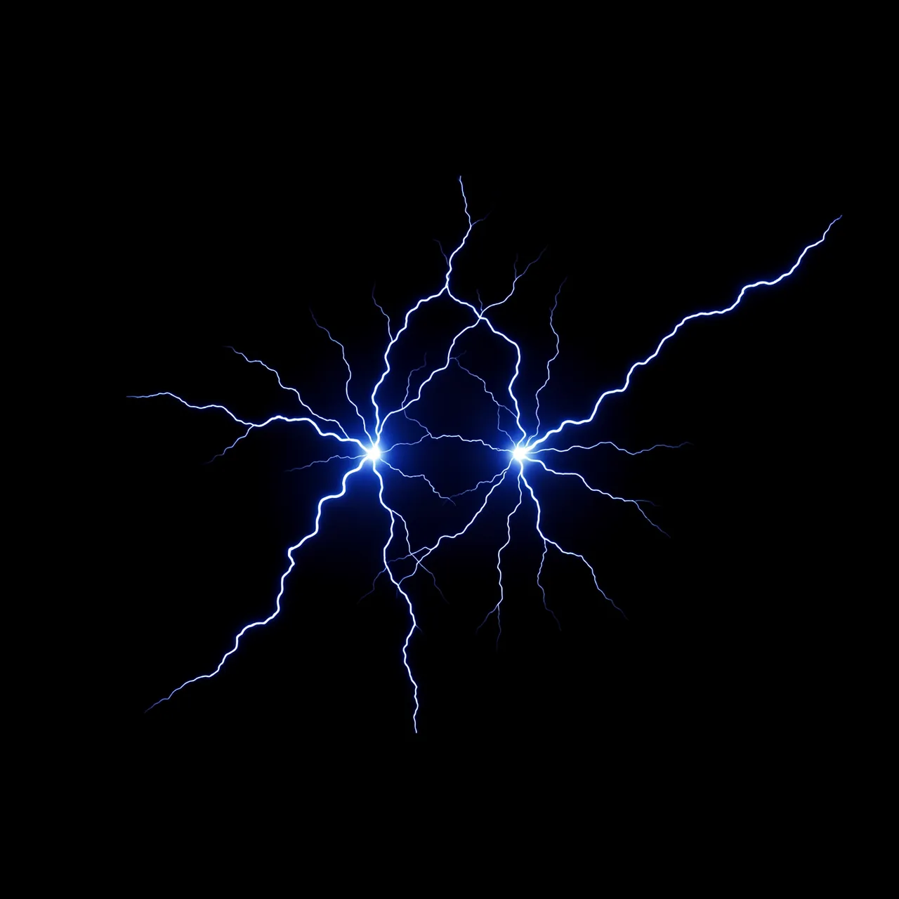 Bright branching blue electric arcs emanate from two glowing points against a pure black background