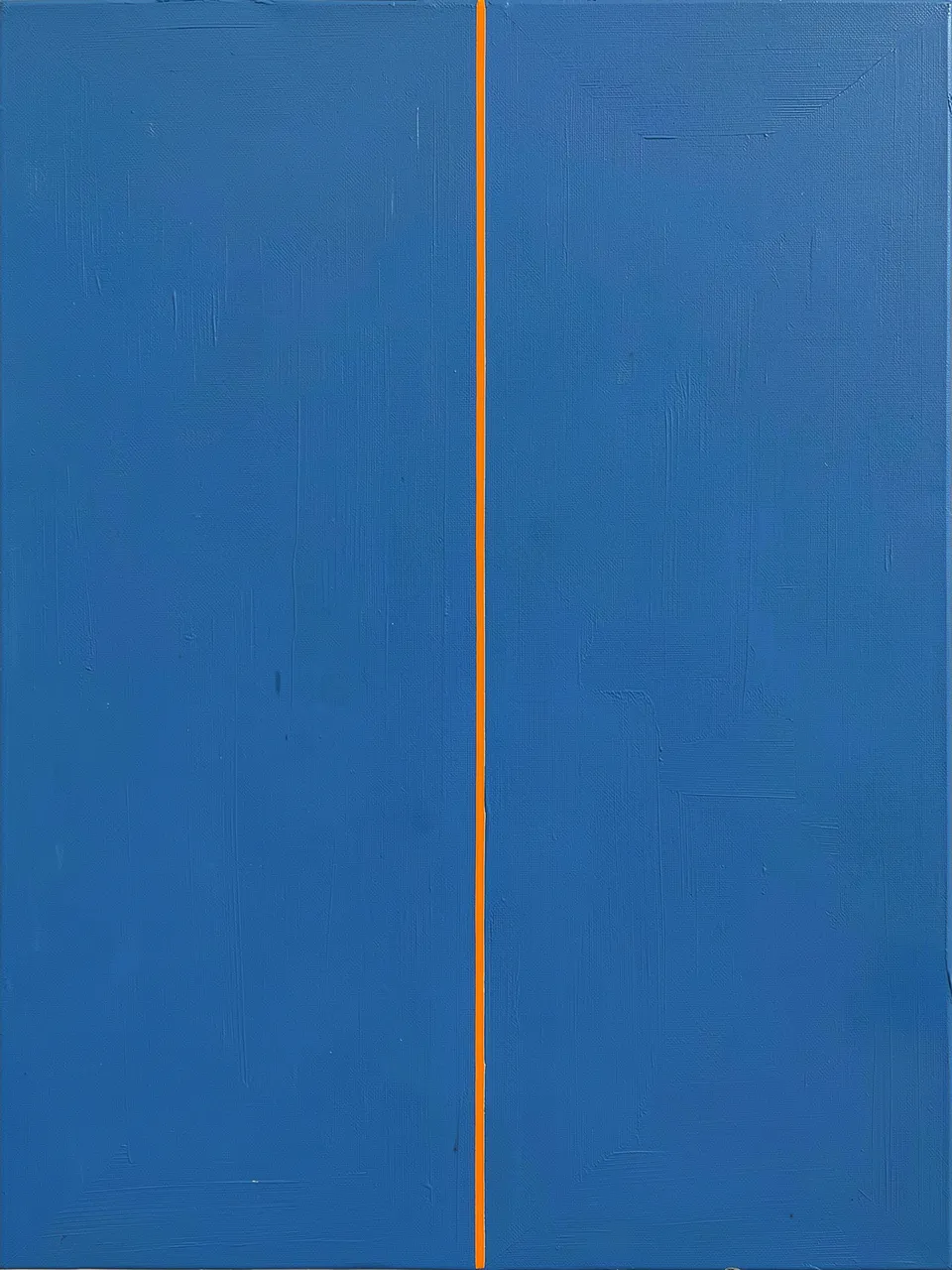Textured abstract blue painting divided by a thin vertical orange line down the center