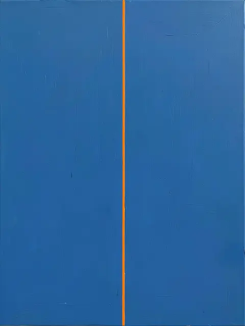 Textured abstract blue painting divided by a thin vertical orange line down the center