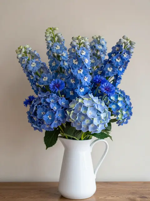 Arrangement of blue delphiniums, cornflowers and hydrangeas in a white ceramic jug on a wooden table against a neutral wall