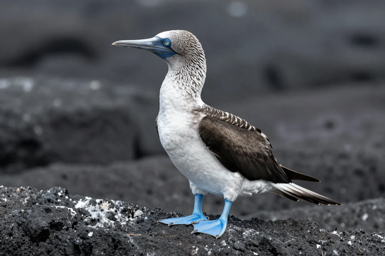 A blue-footed booby stands alert on dark volcanic rock against a blurred dark background