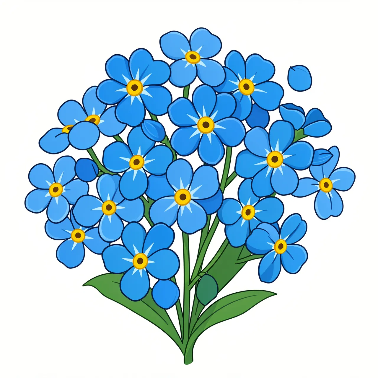 Flat clipart illustration of a clustered bunch of blue forget-me-not flowers with yellow central eyes on a plain white
