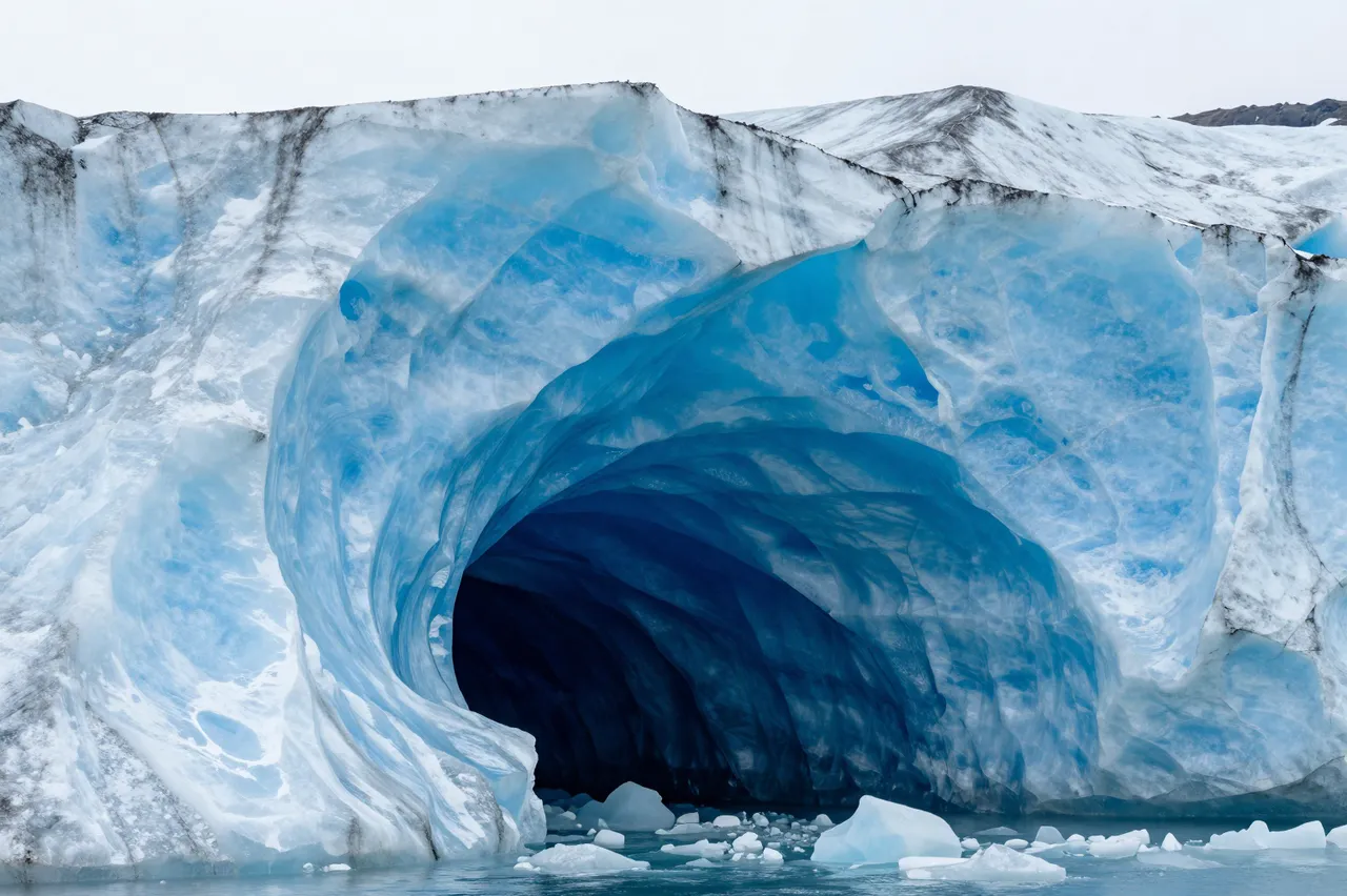 Translucent layered blue ice cave entrance on an alaskan glacier with floating ice chunks in calm water