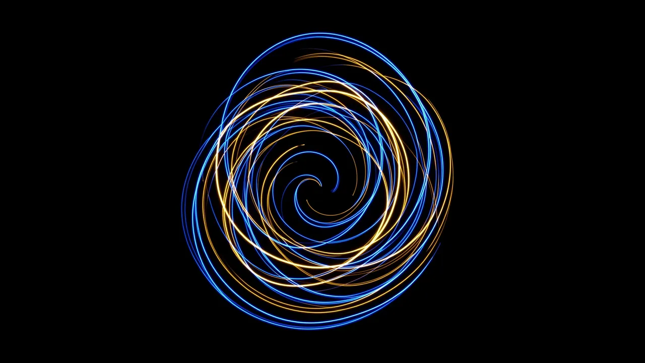 Glowing swirling blue and gold light trails form a spiral shape against a pure black background