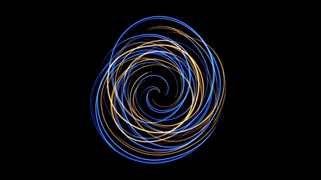 Glowing swirling blue and gold light trails form a spiral shape against a pure black background