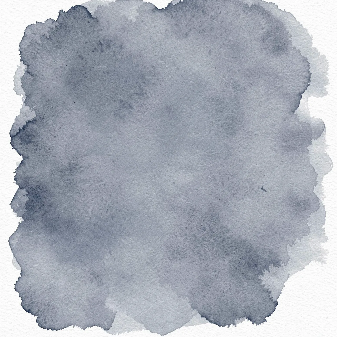 A soft blue-grey watercolor splotch with darker pooled edges sits on textured white paper