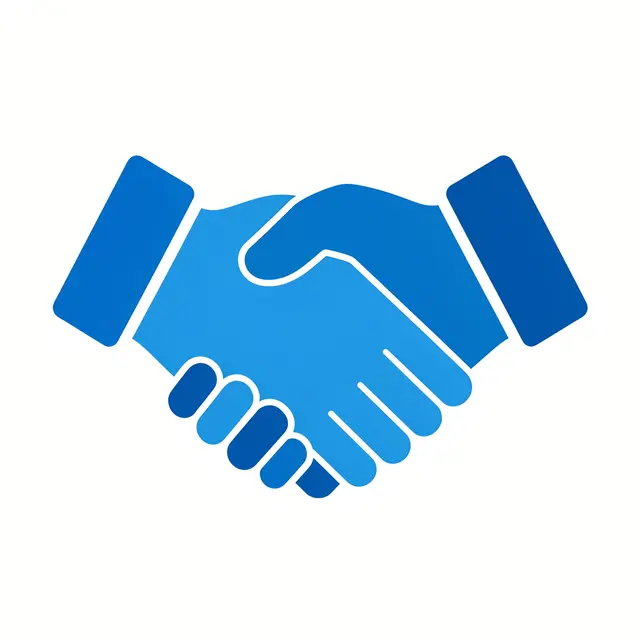 A flat vector handshake icon rendered in two shades of blue against a plain white background