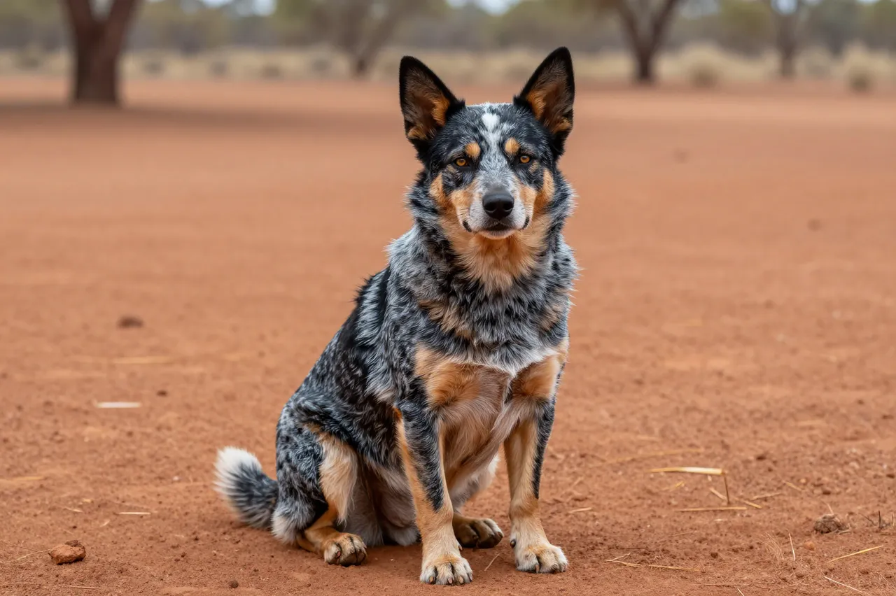 An Australian blue heeler sits calmly on red outback dirt facing the camera