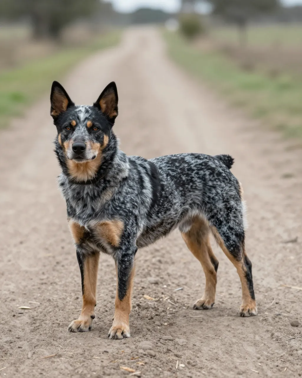 A speckled blue-gray Australian Cattle Dog stands alert on an unpaved rural dirt road.