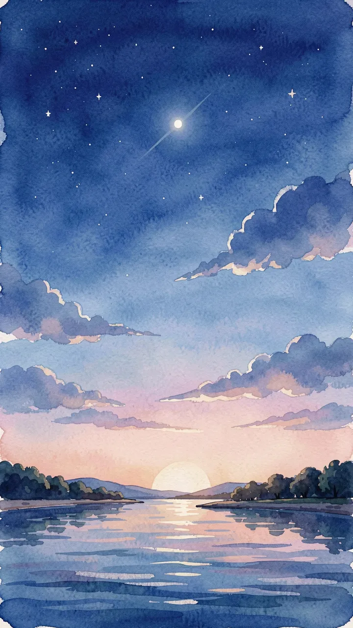 Watercolor illustration of a quiet bay under a starry blue hour sky with a bright celestial body overhead