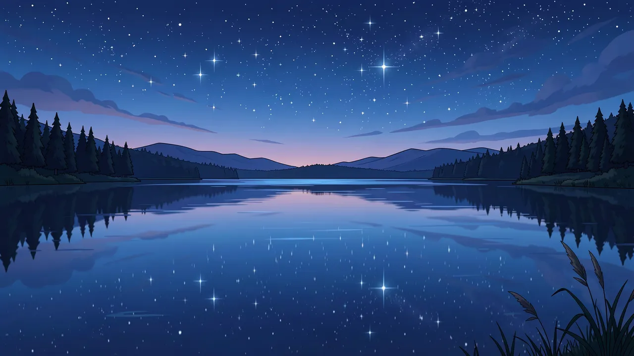 Anime-style still lake reflecting a starry twilight sky during blue hour, flanked by pine forests