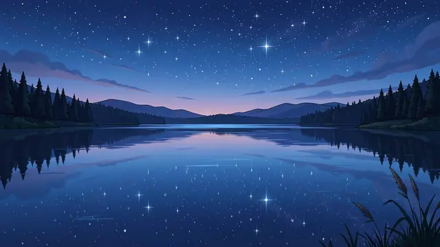Anime-style still lake reflecting a starry twilight sky during blue hour, flanked by pine forests