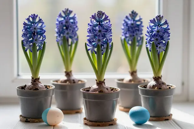 Potted blue hyacinth bulbs and decorated Easter eggs sit on a sunlit indoor windowsill