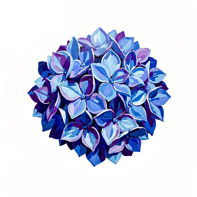 Bold impasto acrylic painting of a single blue and violet hydrangea flower head on a plain white background