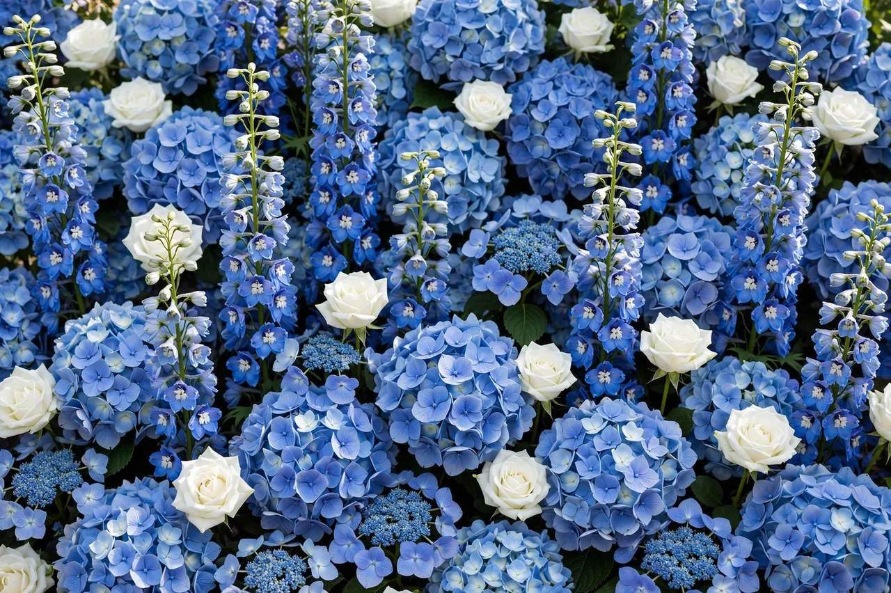 Dense packed wall of blue hydrangeas, delphiniums, and creamy white roses filling the entire frame