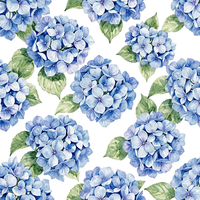 Seamless repeating watercolor pattern of clustered blue hydrangea flowers and green leaves on a white background