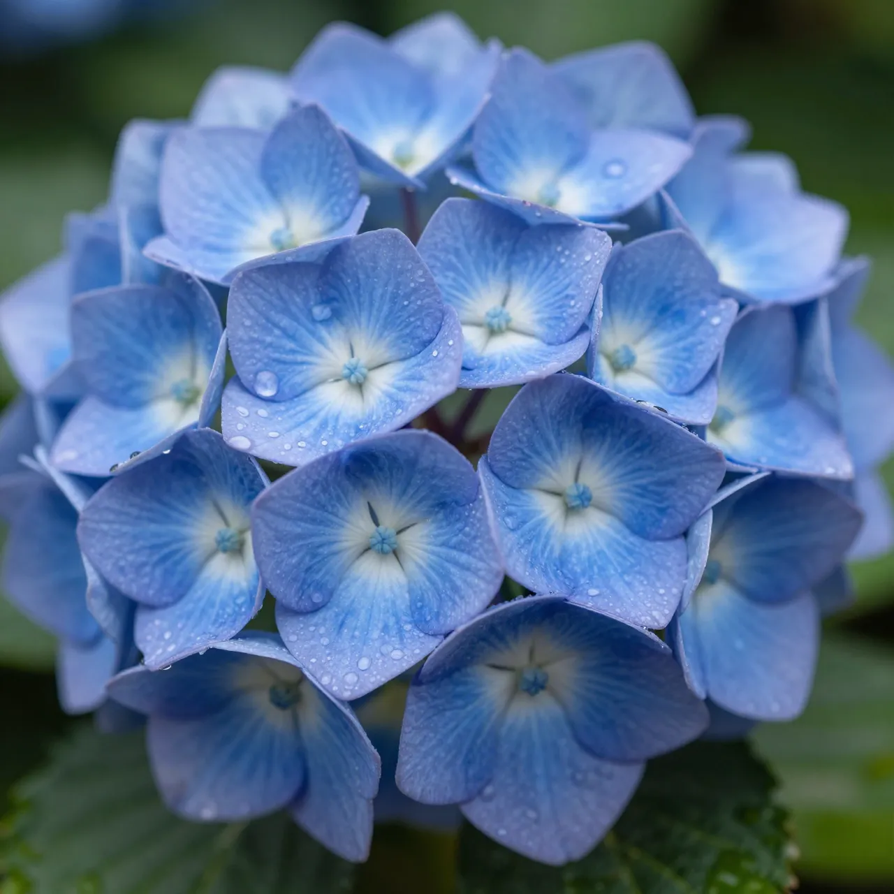Close-up of a blue hydrangea bloom dotted with clear raindrops against soft green foliage