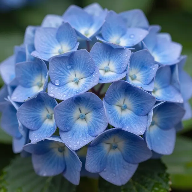 Close-up of a blue hydrangea bloom dotted with clear raindrops against soft green foliage