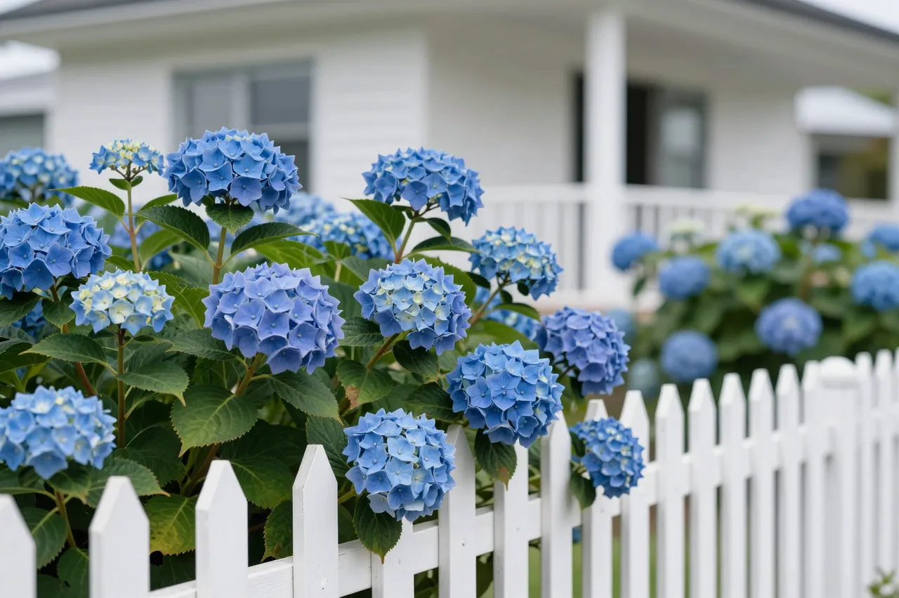 Vibrant blue mophead hydrangeas grow along a white picket fence in front of a blurred seaside cottage.