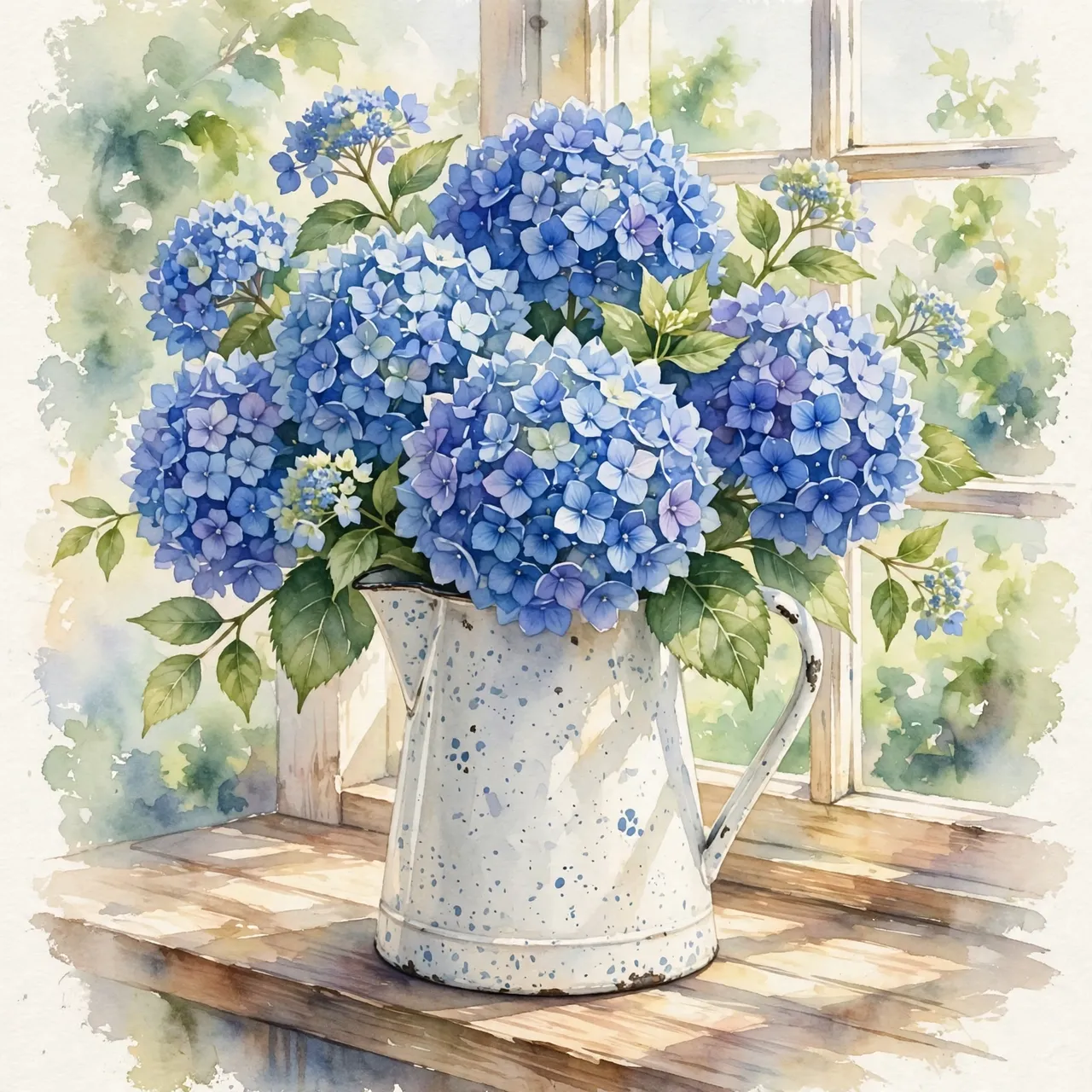 Watercolor painting of a full bouquet of blue hydrangeas in a white enamel pitcher on a sunlit wooden windowsill.