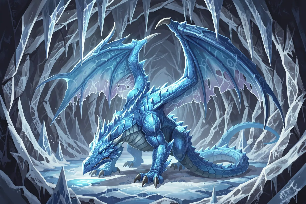 A menacing blue scaled ice dragon stands guard inside a cavern lined with sharp icicles and frozen ice.