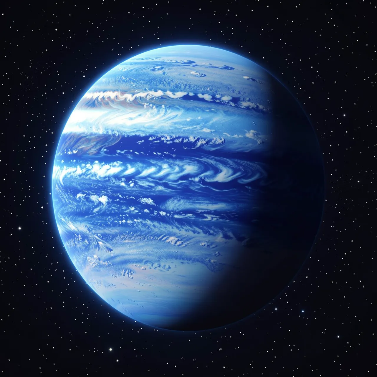 A swirled blue gas giant planet hangs against a field of tiny distant stars in dark outer space