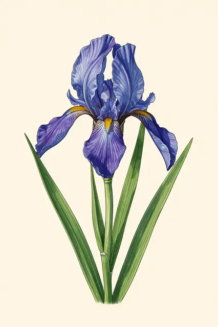 Detailed botanical illustration of a blue iris flower set against a cream background