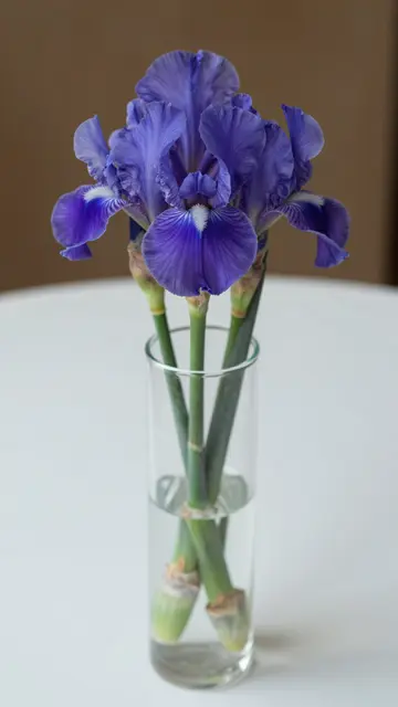 Purple blue irises arranged in a tall clear glass vase on a white tabletop