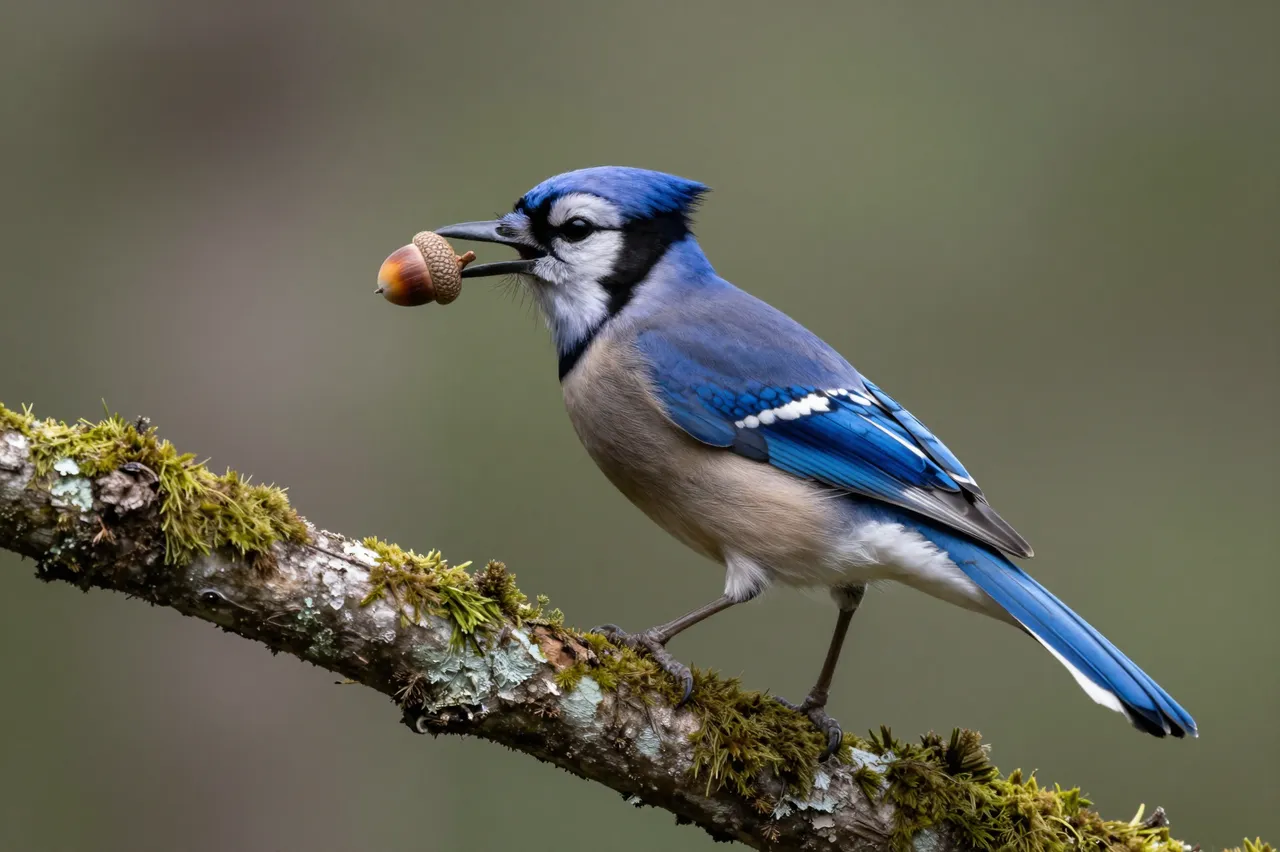 A blue jay perched on a mossy branch holds an acorn in its beak against a soft blurred background