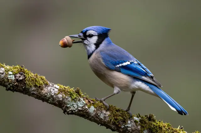 A blue jay perched on a mossy branch holds an acorn in its beak against a soft blurred background