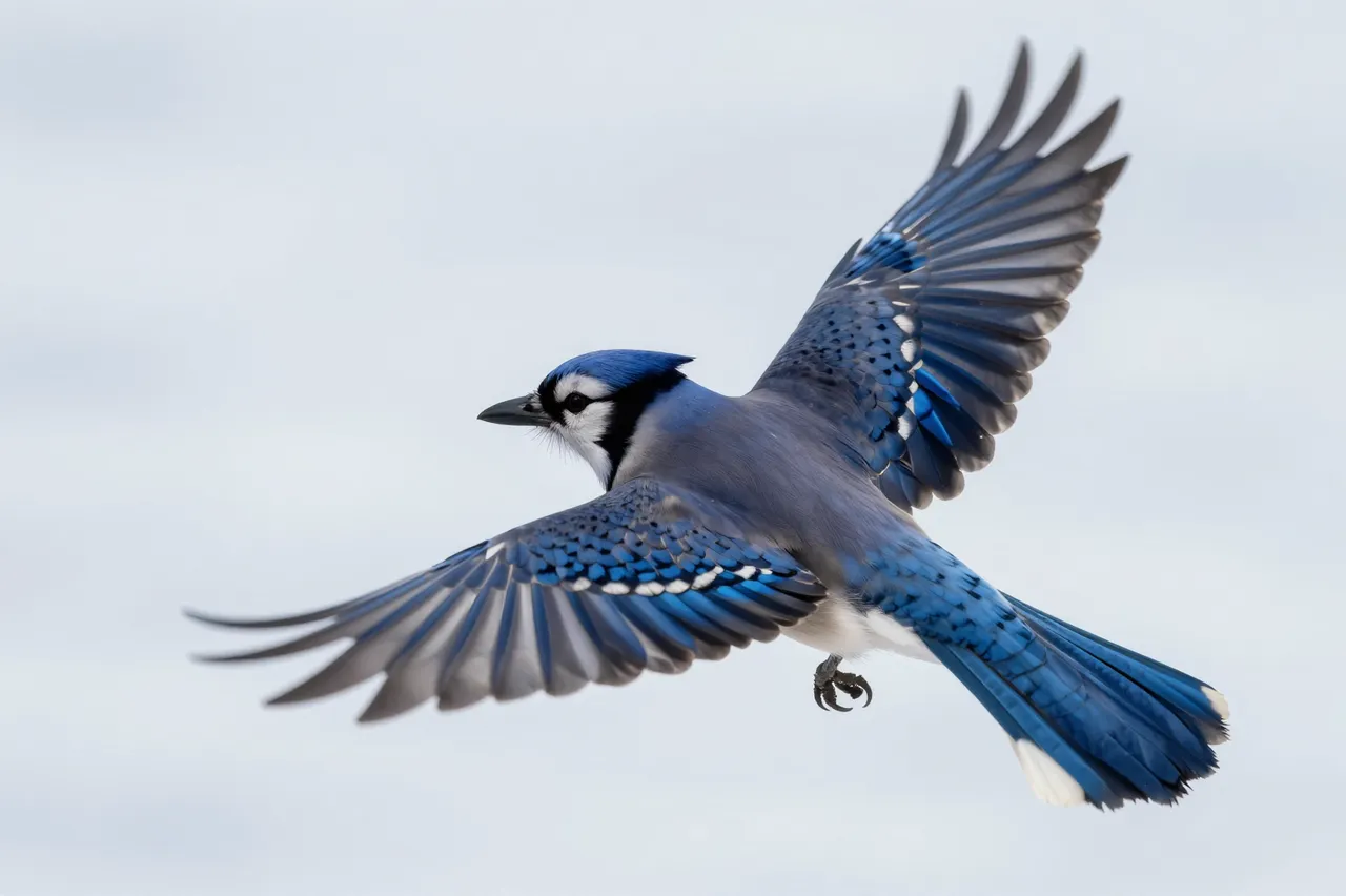 A blue jay with fully spread wings flies against a soft pale overcast winter sky