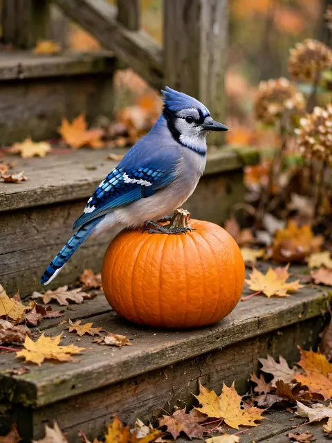 A blue jay perches on an orange pumpkin resting on weathered wooden porch steps scattered with fall leaves