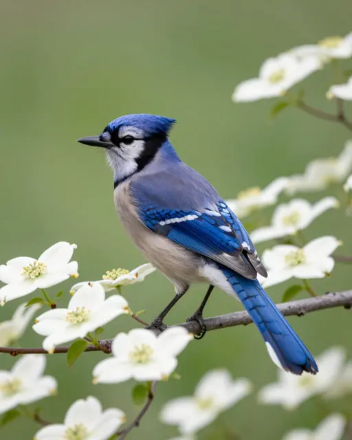 A blue jay perches on a flowering dogwood branch against a soft blurred green spring background