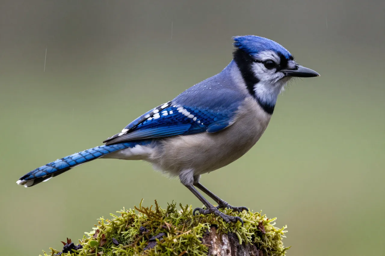A blue jay perches on a mossy stump with tiny water droplets on its feathers during light rain