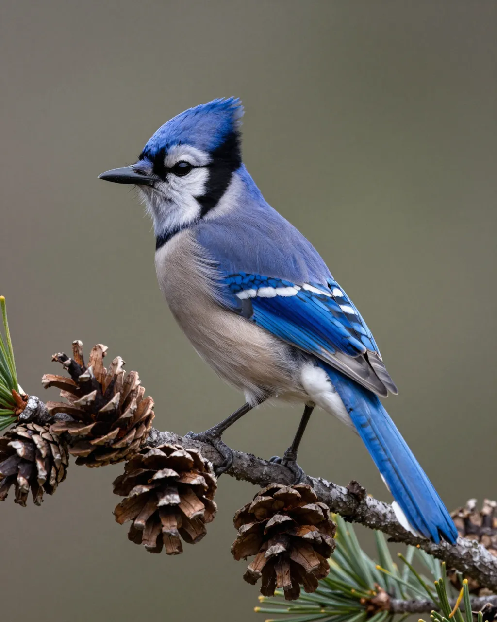 A blue jay with a bright blue crest perches on a pine branch alongside dry brown pine cones