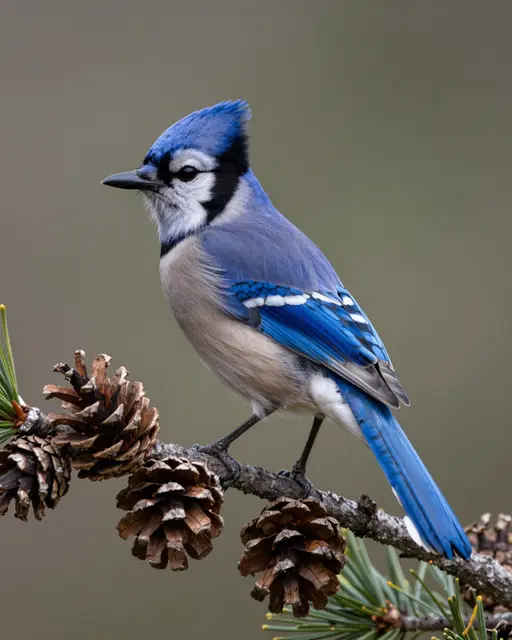 A blue jay with a bright blue crest perches on a pine branch alongside dry brown pine cones