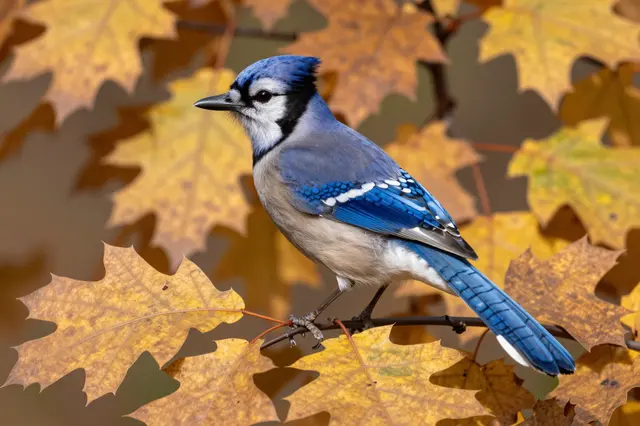 A blue jay perches on a thin branch surrounded by golden autumn oak leaves