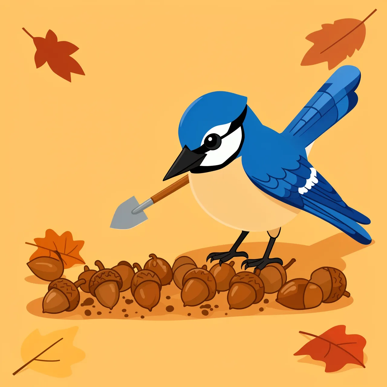 Cute cartoon blue jay holding a tiny spade while standing over a row of acorns in an autumn scene with falling leaves