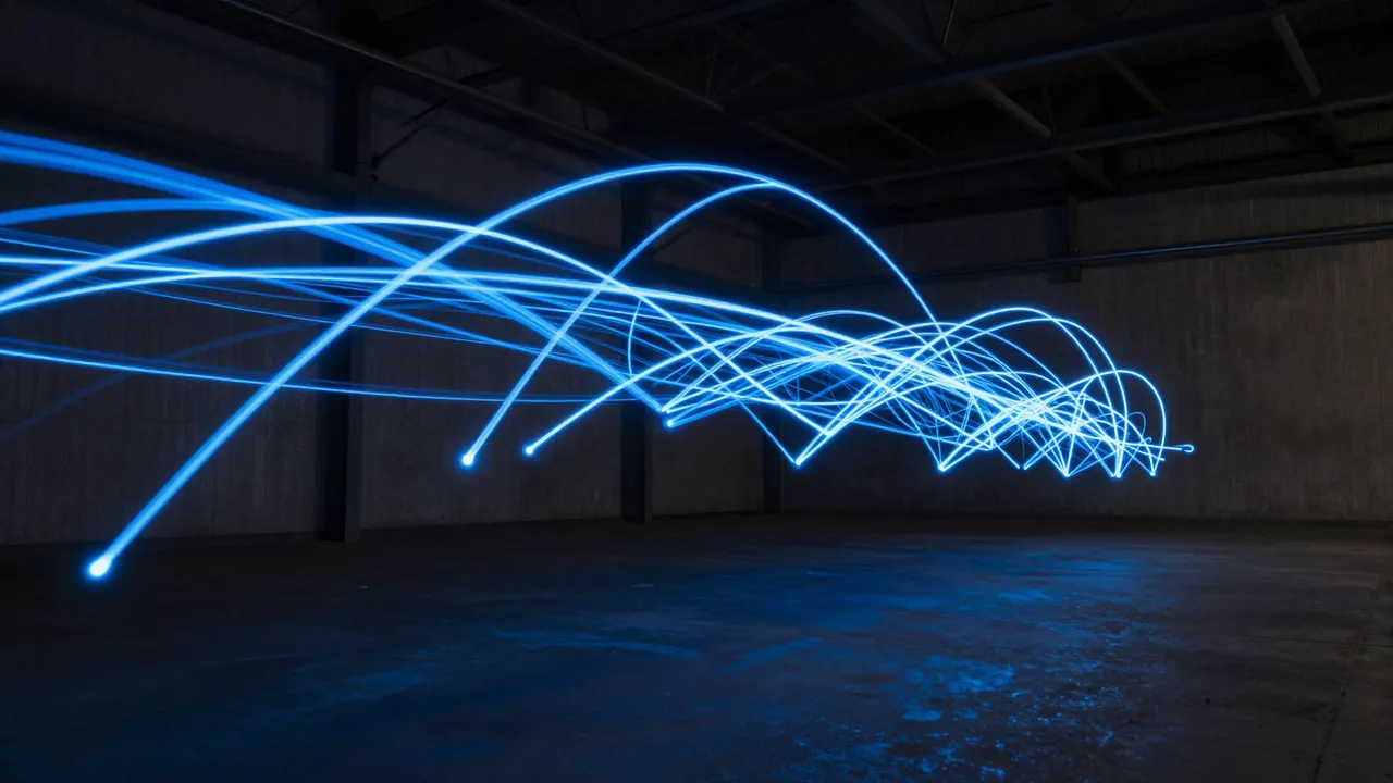 Glowing blue long exposure light trails curve across a dark empty industrial warehouse interior