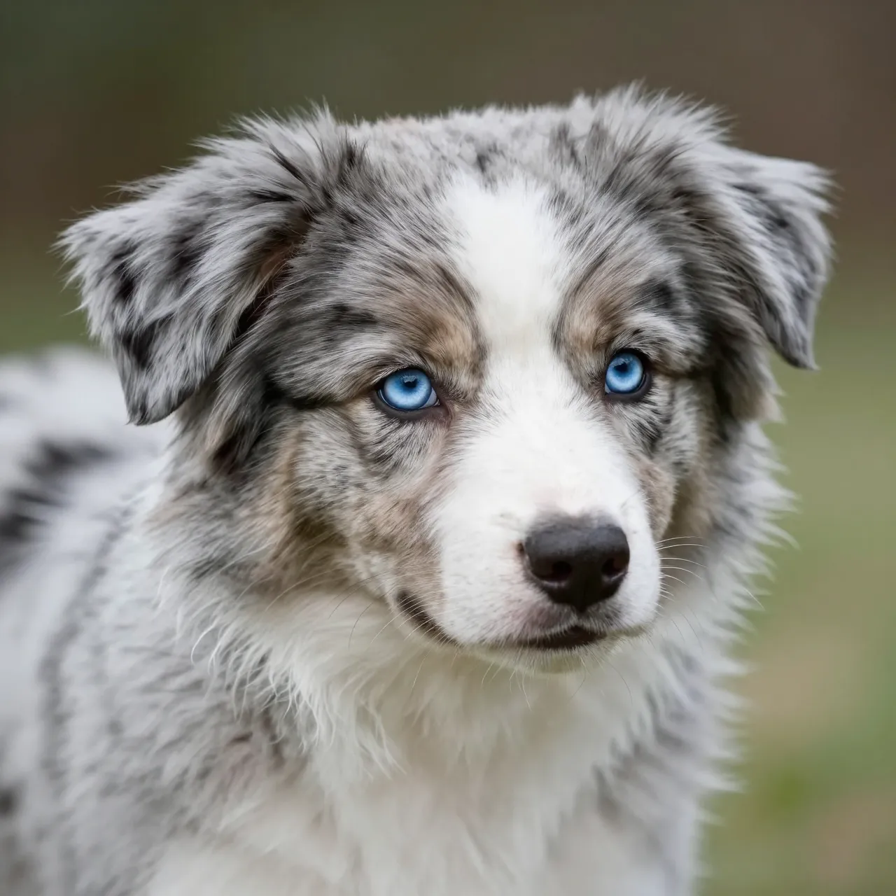 Close-up portrait of a blue merle Australian Shepherd puppy with bright blue eyes facing the camera