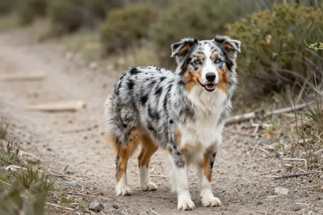 A blue merle Australian Shepherd stands smiling on a dirt hiking trail surrounded by low bushes.