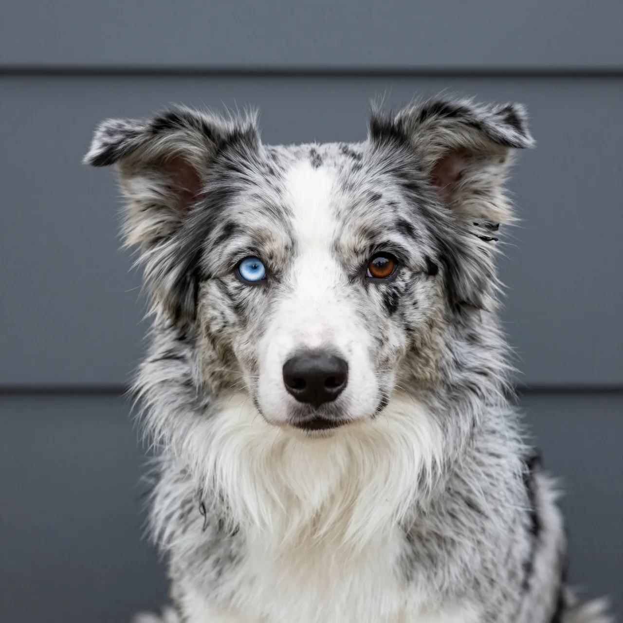 Close-up head portrait of a blue merle Border Collie with one blue and one brown eye against a gray slate backdrop